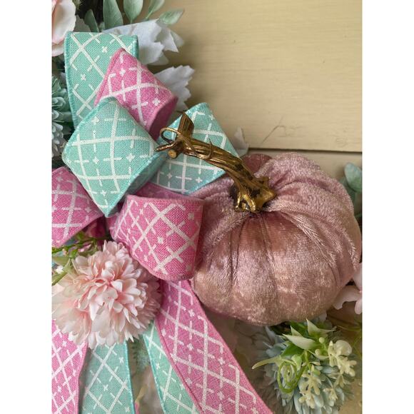 Pink & Mint Green Fall Grapevine Wreath Velvet Pumpkin, Roses, Bow Elegant Decor - Picture 2 of 9